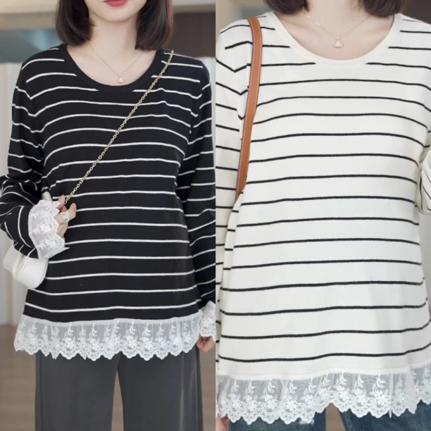 秋季新款圆领条纹拼接蕾丝长袖宽松韩版气质上衣