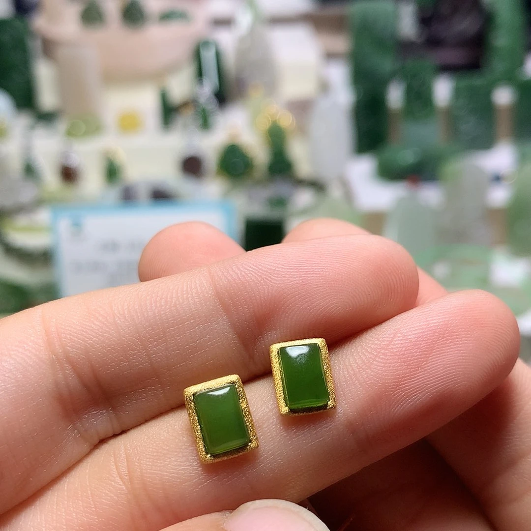 银S925镀金镶嵌和田玉（碧玉）耳饰