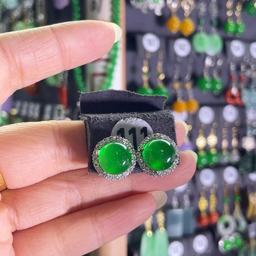 翡翠银S925镀金镶嵌耳饰111