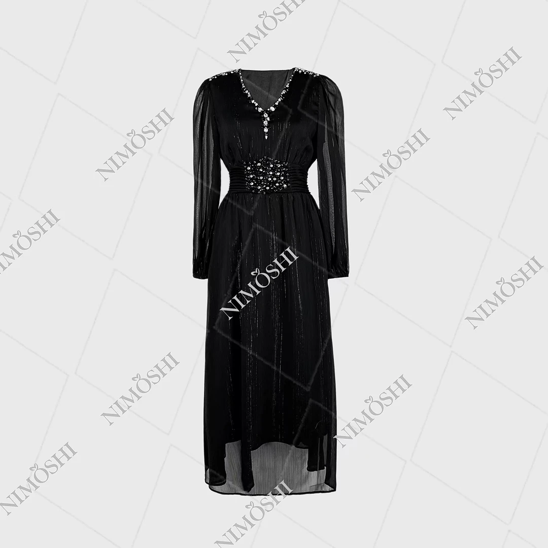 NIMOSHI【莎莎】欧式设计钉珠黑色丝绒显瘦长裙小黑裙款号Q1116