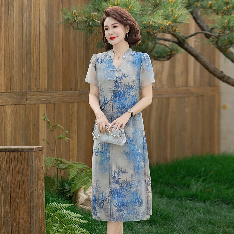 中老年女装夏装新中式国风中长款连衣裙时尚妈妈优雅气质雪纺裙子