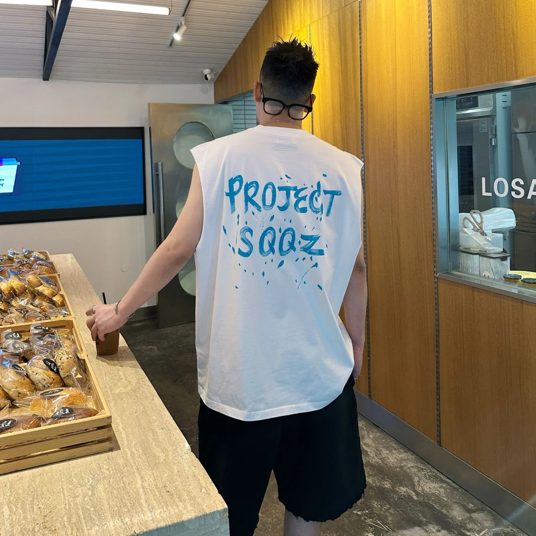SQQZ PROJECT夏季300G撞色手绘字母无袖坎肩背心情侣鸡米花工作室
