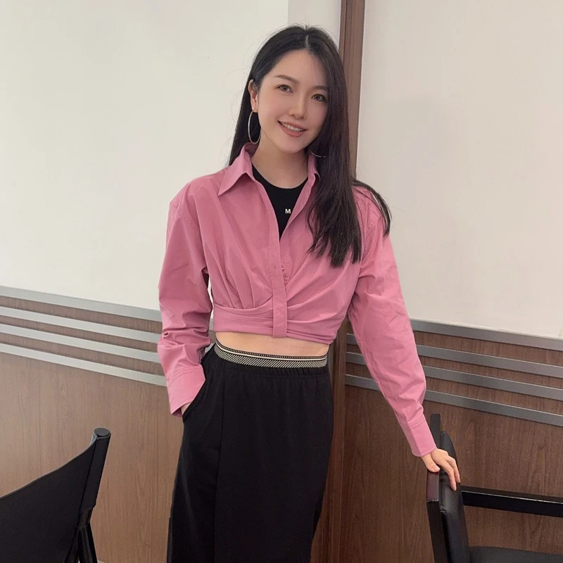 uti联名款芭比粉捏褶衬衫女装 短款高腰简约上衣春季新款