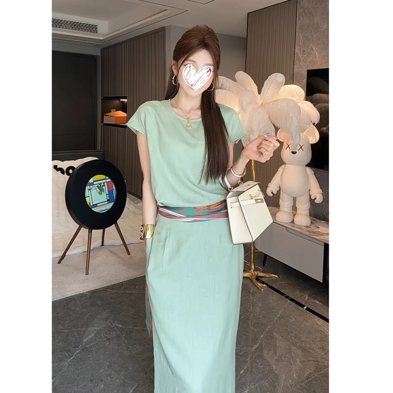 夏季套装拼接丝巾独特绝美漂亮小香风上衣半身裙两件套洋气衣服女