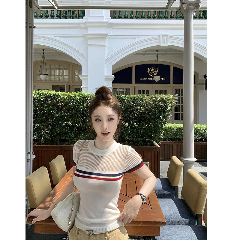 上衣正肩t恤半透明纯欲风条纹修身夏季薄款女士气质显瘦针织短袖