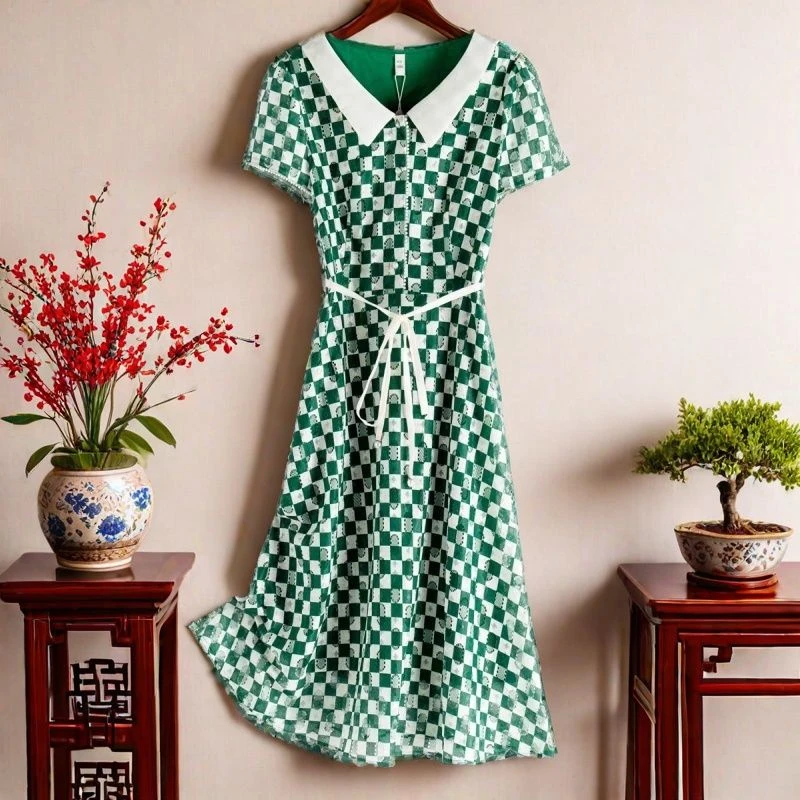 1011（裙长99）新款青花通勤简约格纹钉珠连衣裙夏装（4柜）