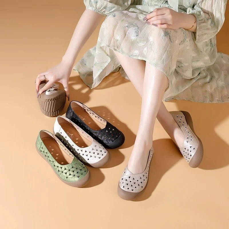 世家手工女鞋2025春夏新款真皮牛皮透气轻底软底防滑妈妈凉85551