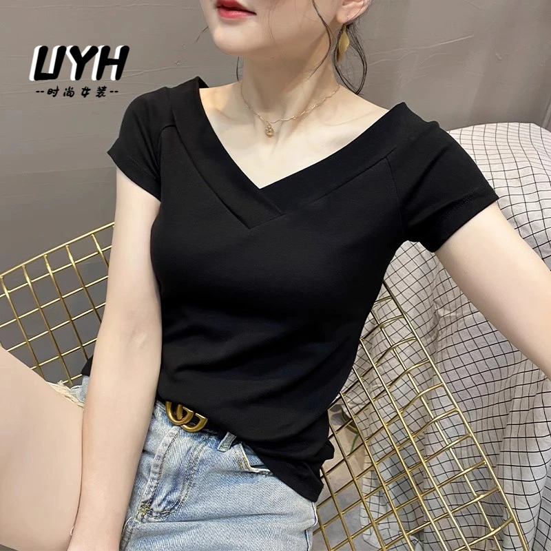 UYH黑色双V领短袖T恤女2025新款夏季棉质半袖性感低领露背紧身上