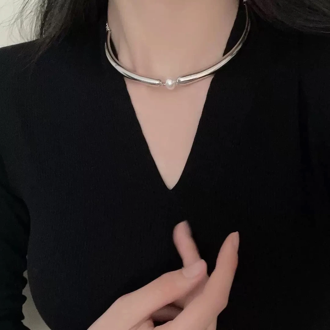 不锈钢项链 小众几何设计仿珍珠项链轻奢高级感气质颈链时尚项饰