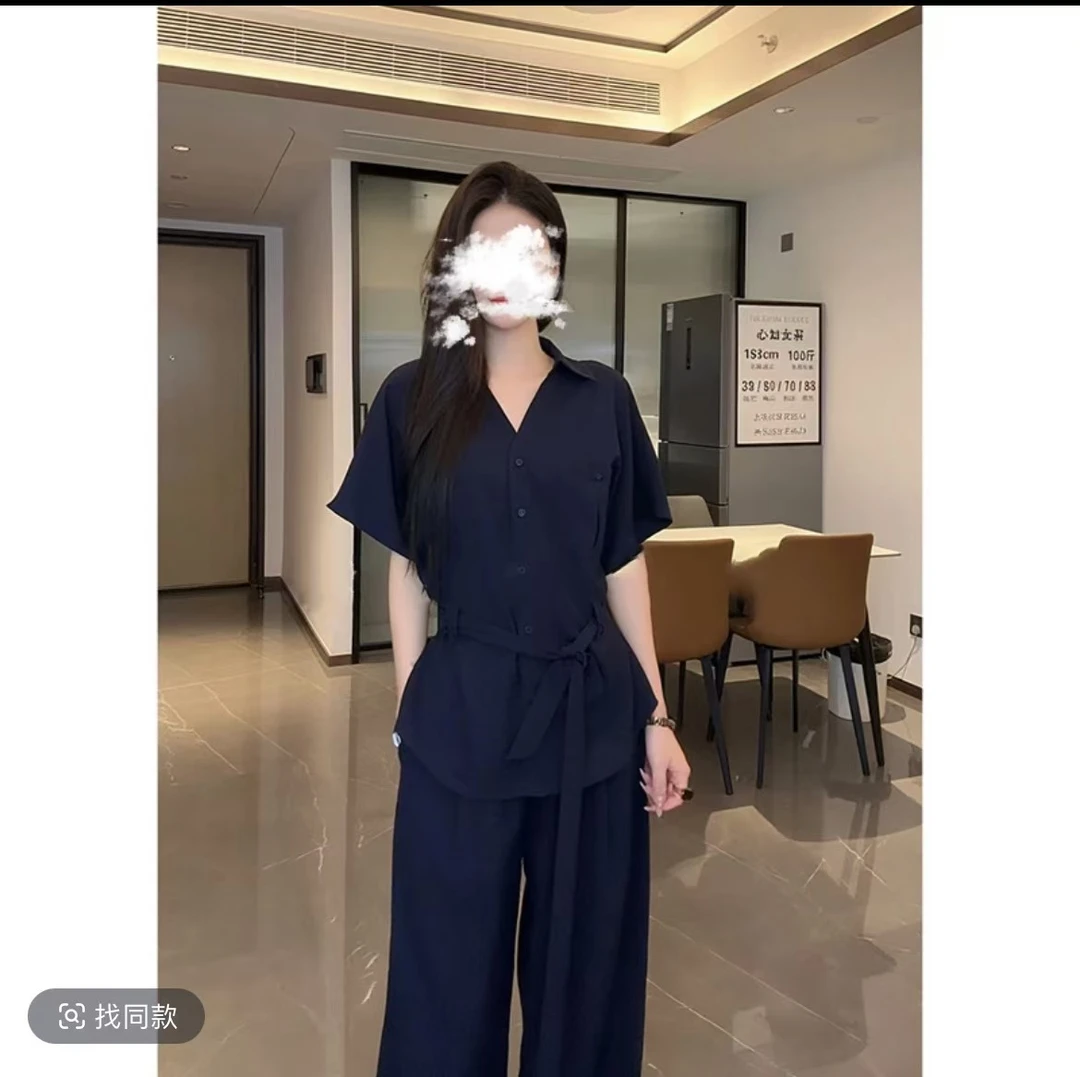 老钱风套装女藏蓝宽松显瘦短袖衬衫休闲阔腿裤两件套9930