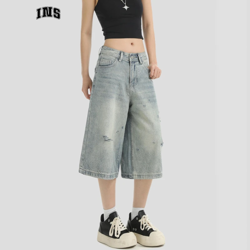 INSstudios国潮牌情侣美式复古划破水洗牛仔短裤宽松阔腿五分裤