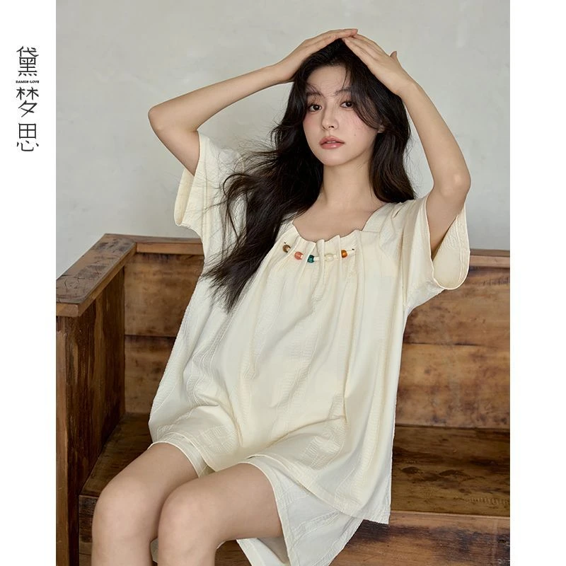 黛梦思新款睡衣女夏季纯棉短袖短裤家居服可外穿甜美女士休闲套装