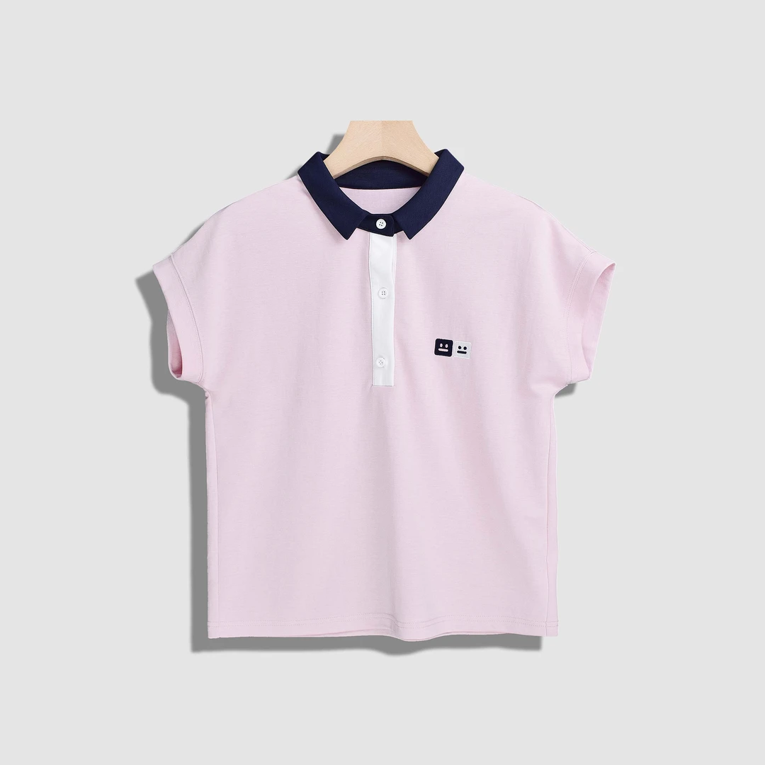 【菲儿】撞色POLO领粉色正肩短袖T恤女夏修身显瘦气质上衣Y17678
