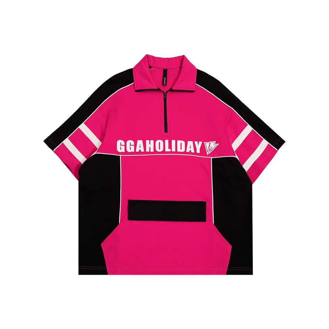 GGAHOLIDAY时尚运动休闲宽松复古潮流撞色翻领短袖卫衣-151199