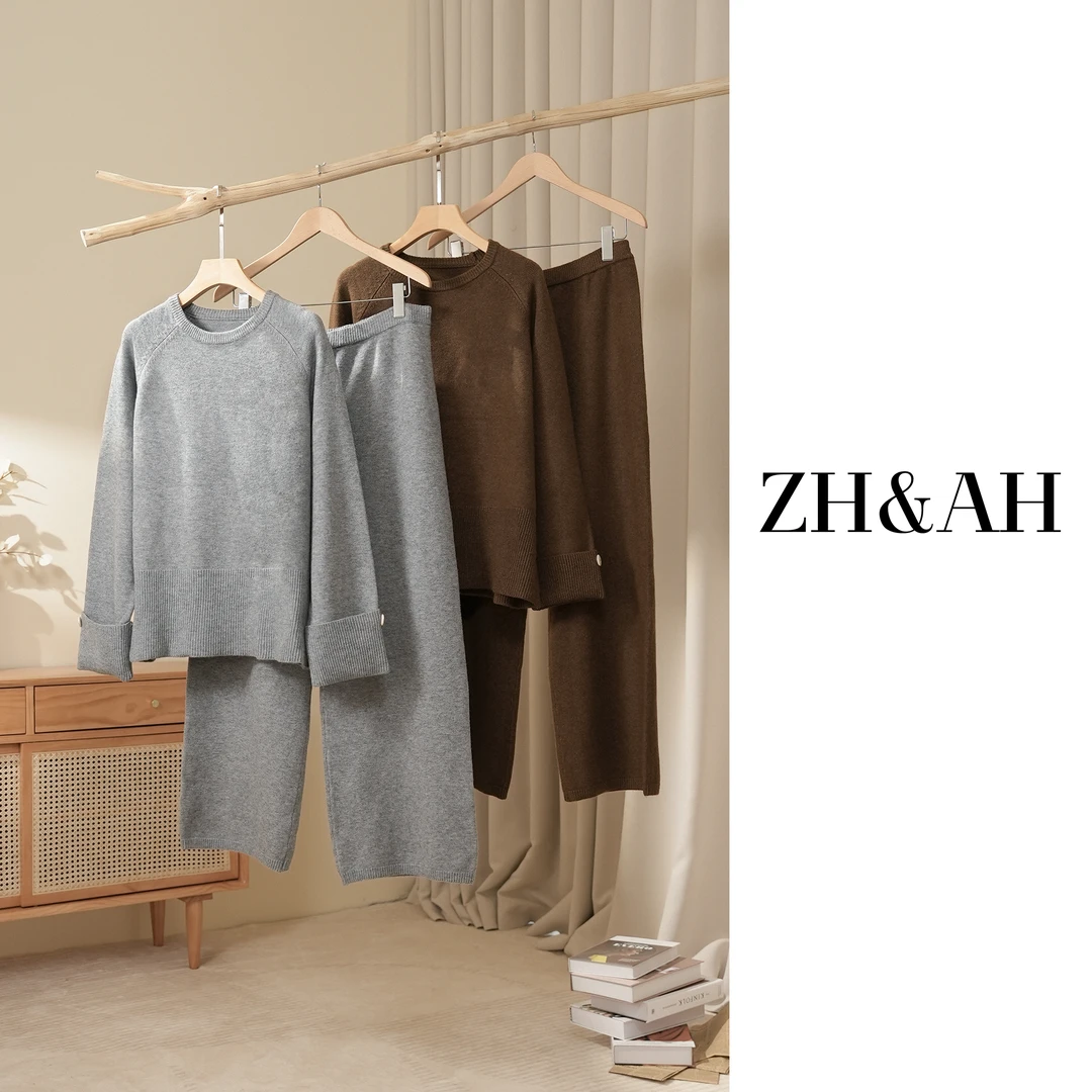 ZH&AH【暮色】冬季新款时尚气质百搭孕期纤绒纱极简设计毛衣套装裤