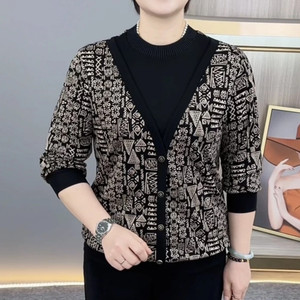 秋季新款时尚圆领假两件拼接洋气妈妈装休闲百搭长袖上衣H6613