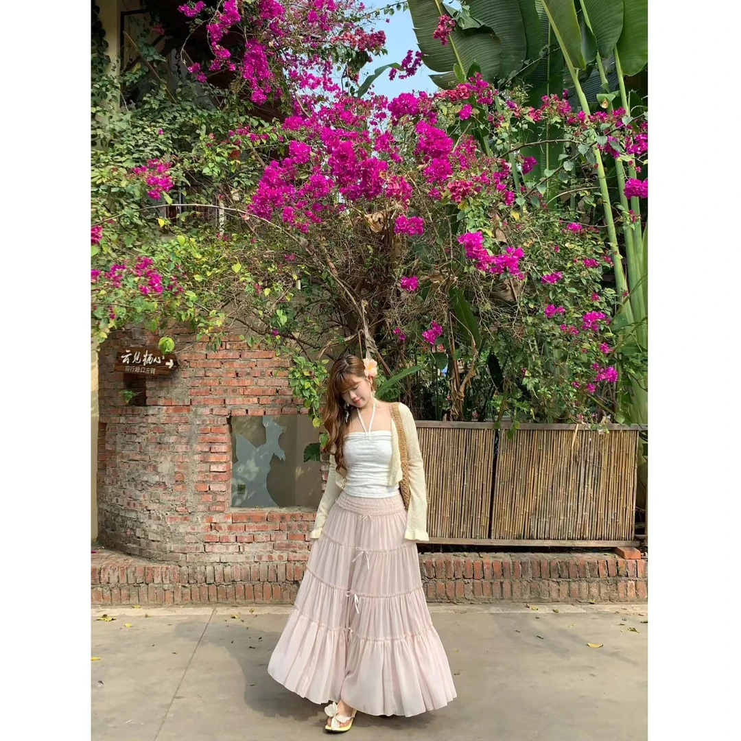 米米子“春纱捕梦”水粉色蝴蝶结飘逸轻盈网纱半身长裙春季新款裙子