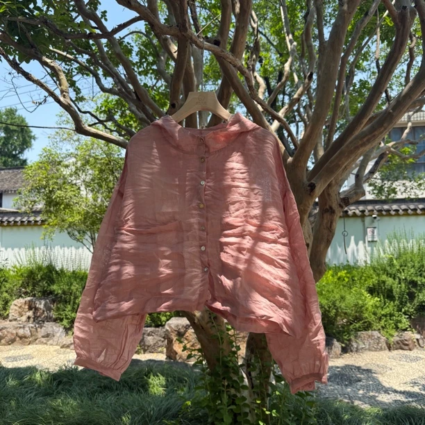 夏季薄款纯苎麻连帽防晒短款开衫透气百搭休闲长袖上衣