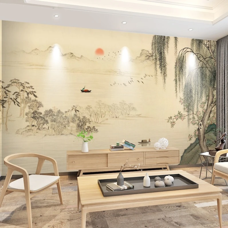 新中式柳树山水画墙纸客厅电视背景壁布茶室卧室水墨壁画古风壁纸