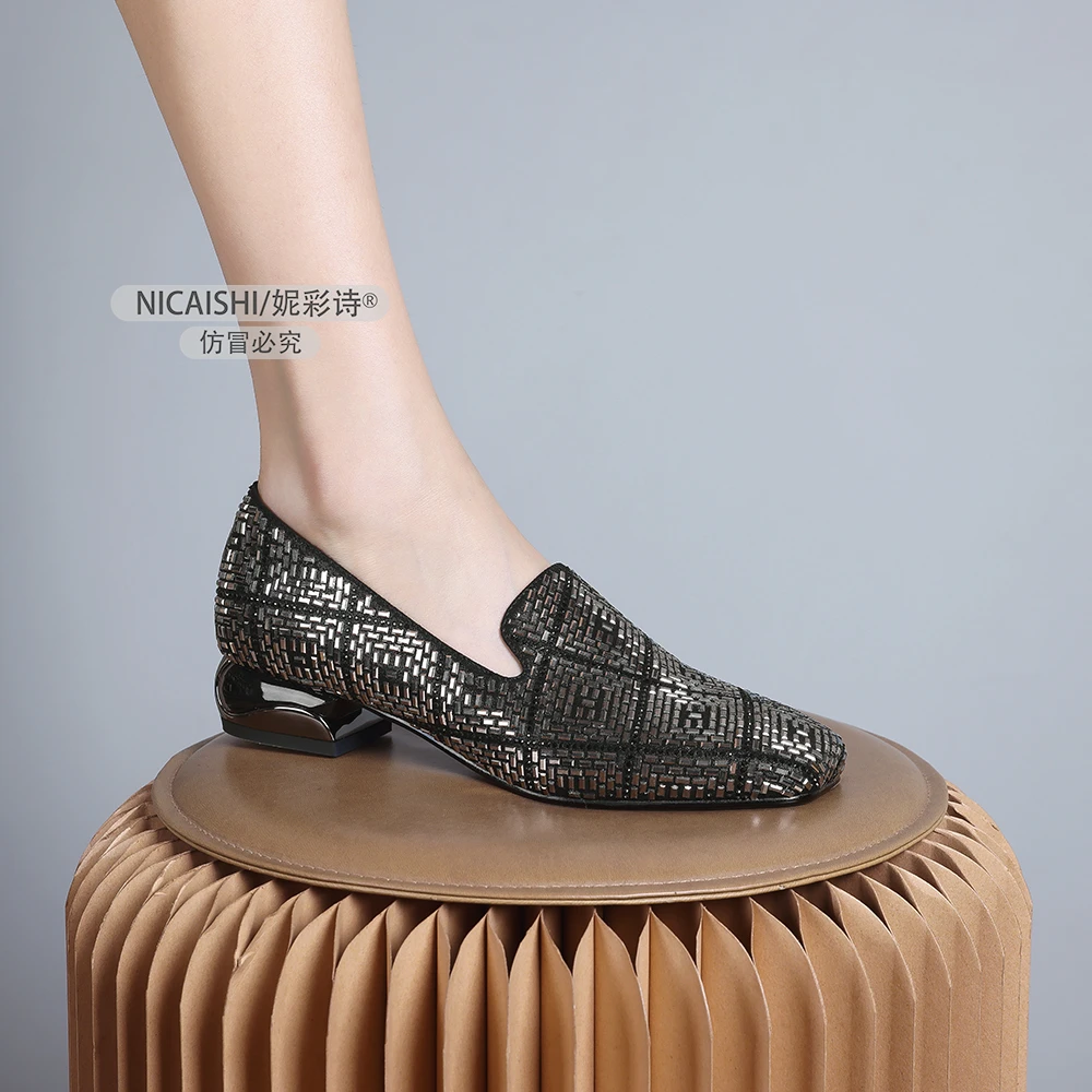 2025年新款法式中粗跟单鞋仙女风瓢鞋浅口百搭黑色通勤乐福鞋1255
