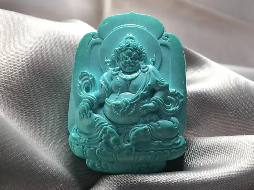 原矿绿松石高瓷绿玉化黄财神吊坠