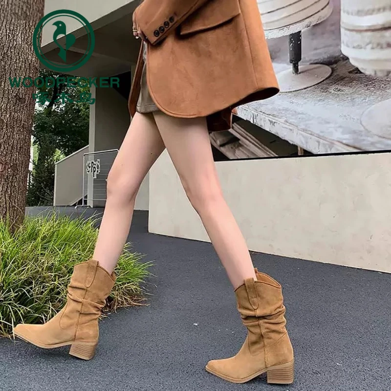 啄木鸟赵露思同款靴子女夏新款尖头褶皱堆堆短靴复古西部牛仔靴女