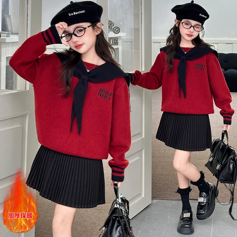女童2025新款秋冬海军领毛衣百褶裙套装红色圣诞学院风毛衣新年服