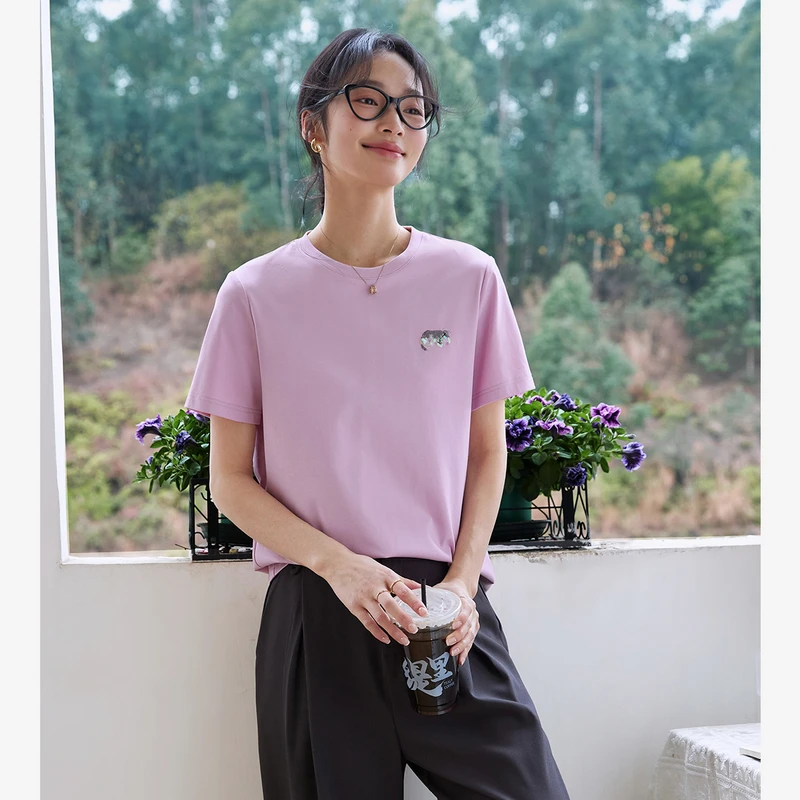 *简约纯色短袖T恤女2025夏季新款时尚休闲刺绣圆领宽松上衣A1152