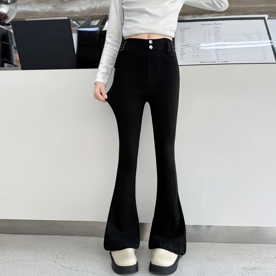 儿童秋装2025新款大女童装弹力黑色裤子春秋款修身秋季直筒喇叭裤