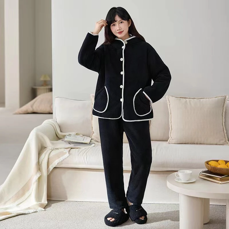 冬季保暖睡衣双层复合家居服套装宽松可外穿套装时尚舒适长袖睡衣