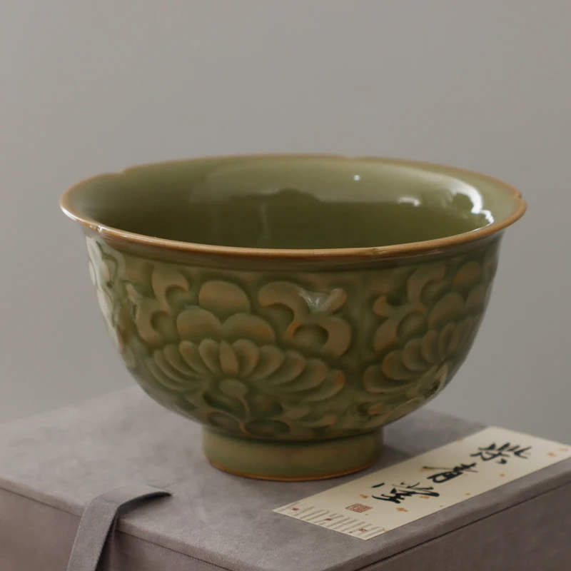 耀州窑仿古橄榄青釉原矿高温青瓷家用印花折枝团菊纹茶点碗米饭碗