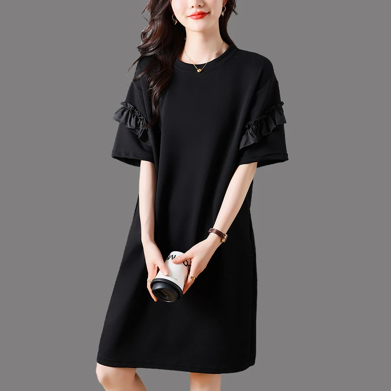 2025年新款夏季大码女装遮肚子显瘦宽松减龄高级感休闲黑色连衣裙