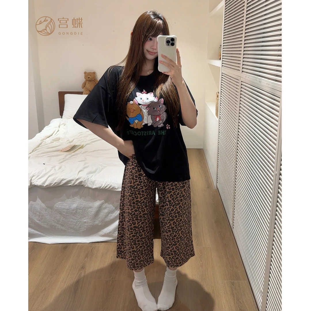 宫蝶【礼盒装】迪士尼玛丽猫莫代尔棉睡衣女短袖豹纹七分裤套装夏