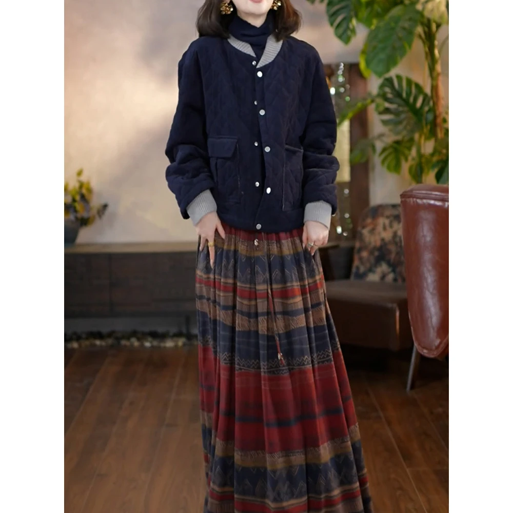 气质优雅高级感裙套装2025秋季新款时尚保暖纯色棉服+显瘦半身裙