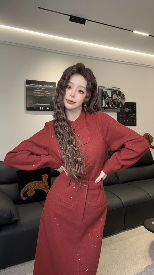 十一定制【凛冬恋歌】新年氛围感亮片小众正肩新宝呢时髦套装MDL047