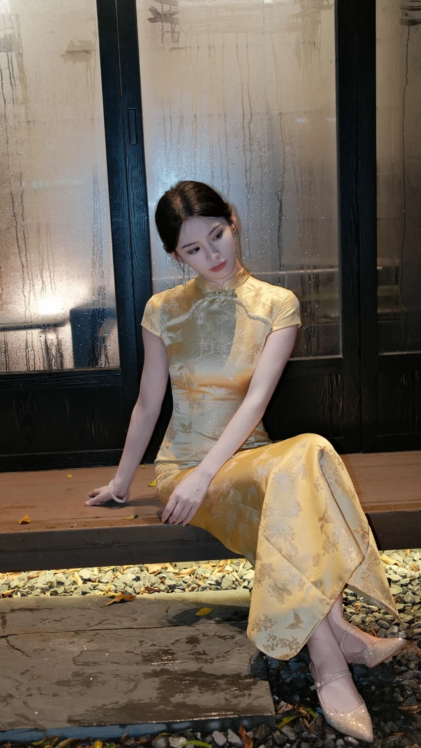 藏玉白【金玉满堂】新中式贵气感旗袍金色连衣裙女-Y-2025005