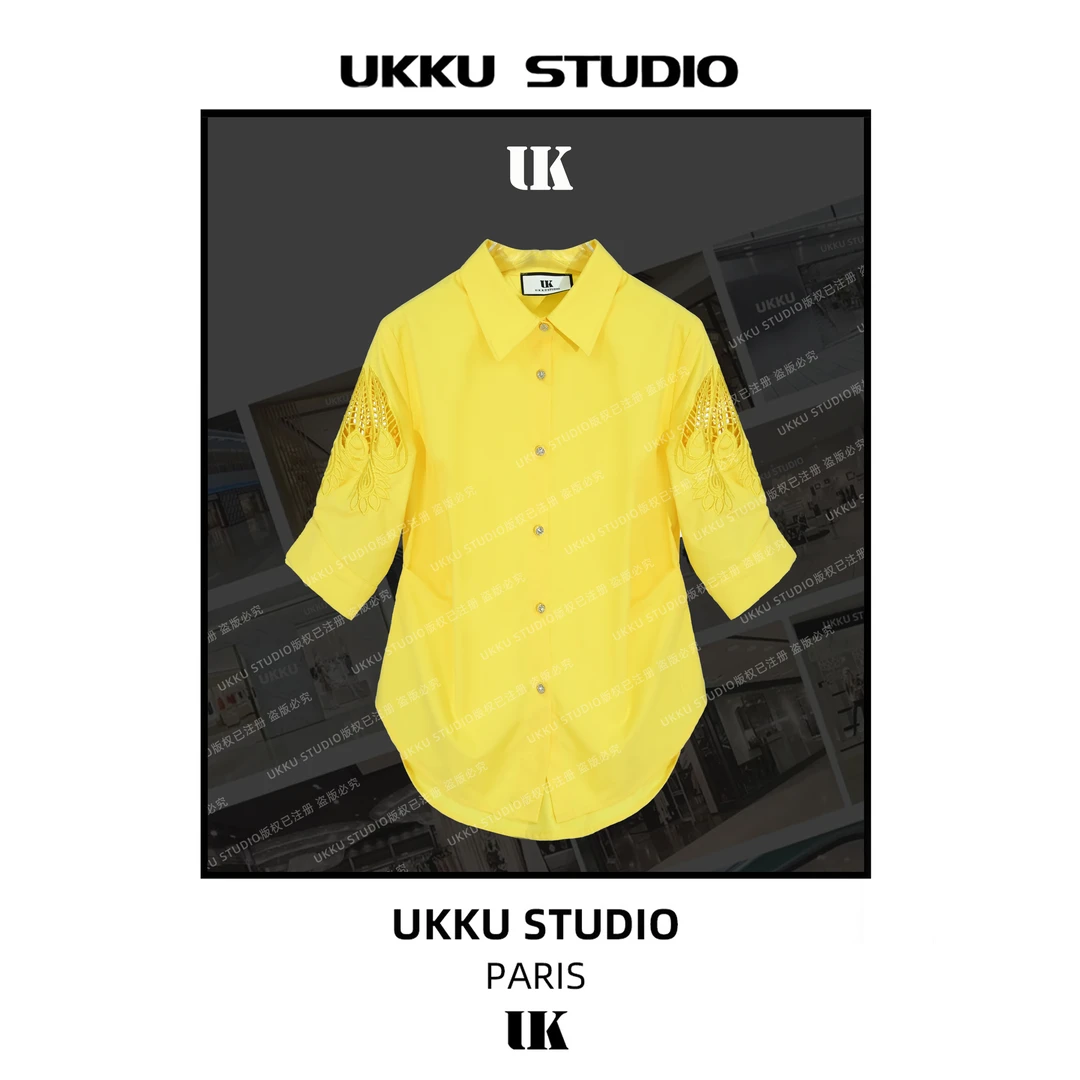 尧尧【UKKU STUDIO】老钱风夏季短袖镂空百搭设计感衬衫上衣313820