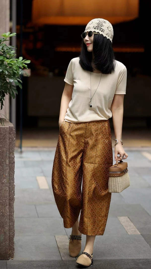 【花园亭】新款茧型提花织金宋锦休闲裤时尚百搭