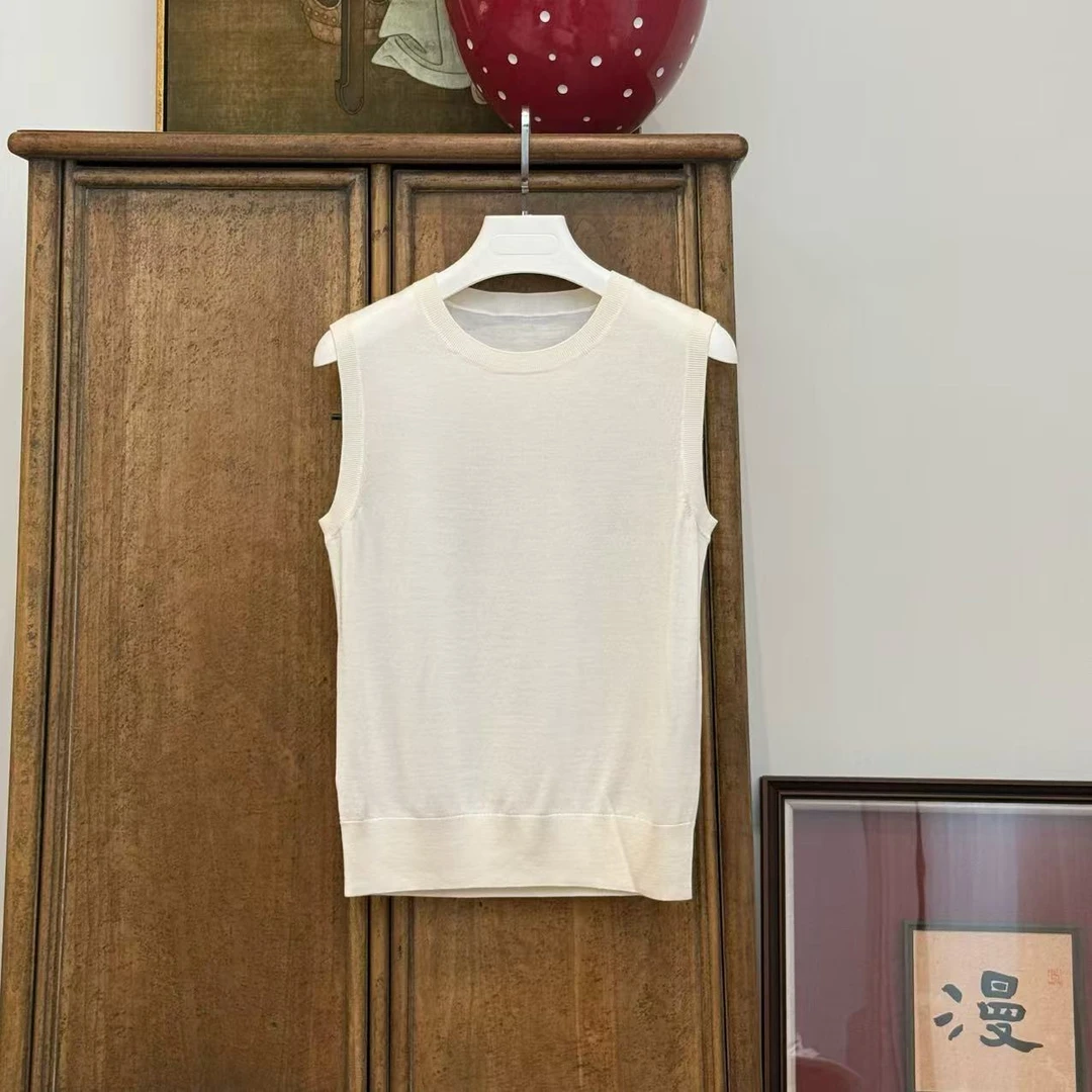 MYL2025春季新品丝绒白色针织衫圆领无袖套头纯色背心针织上衣