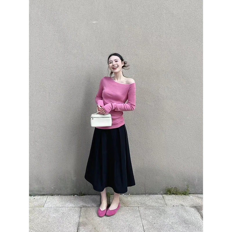 简约时尚慵懒风通勤小众修身显瘦长袖上衣高腰宽松黑色半身裙套装