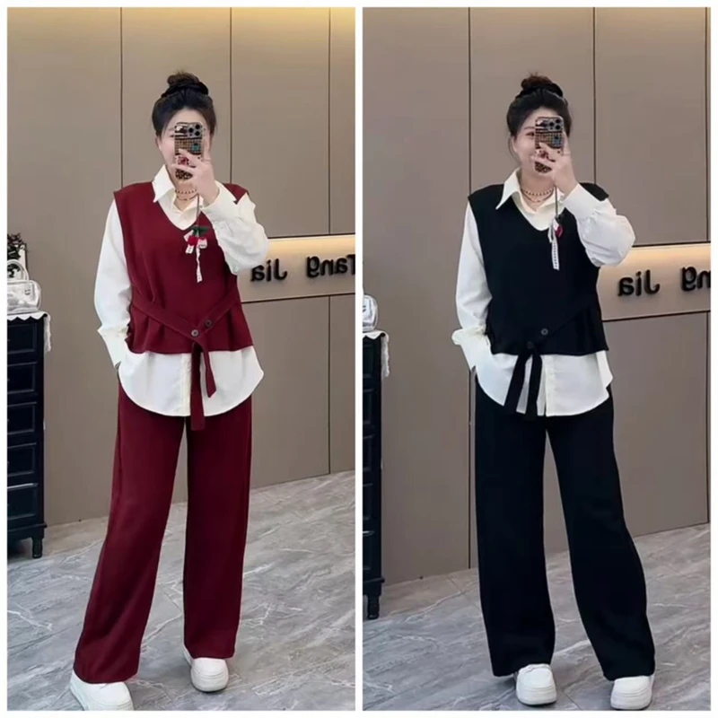 胖mm大码2025春季新款时尚休闲通勤风显瘦衬衫马甲阔腿裤三件套装