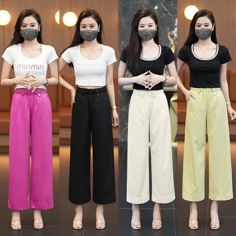 夏季新款薄款速干波点阔腿休闲裤女2025复古高腰直筒显瘦时尚裤子