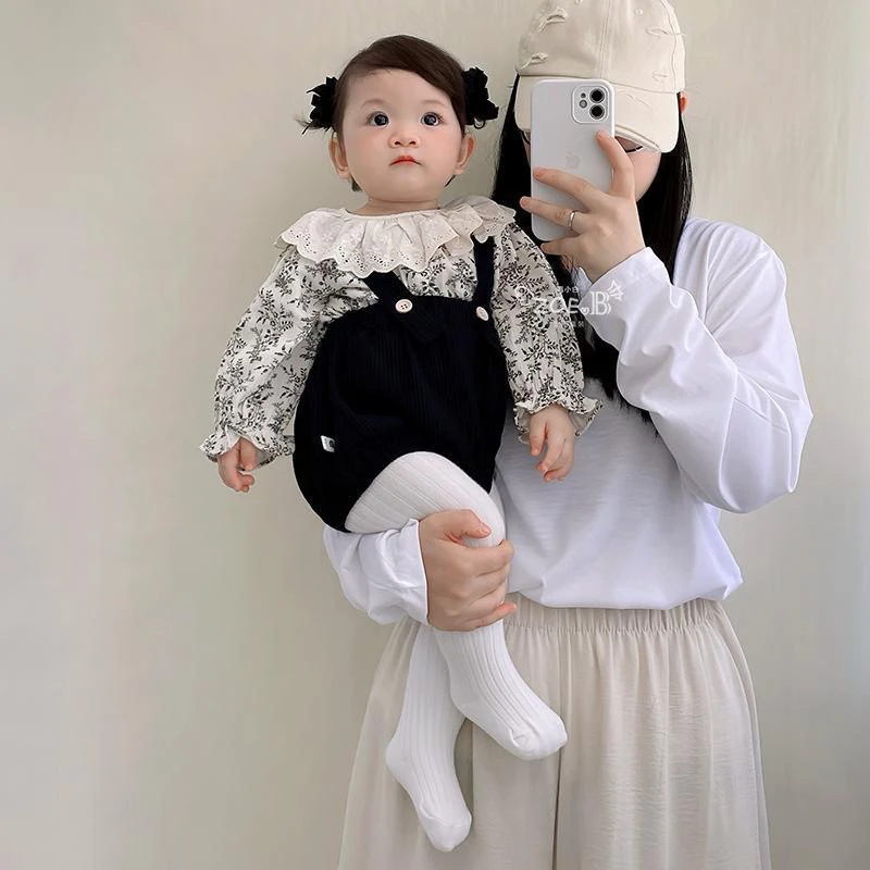 婴儿衣服秋装背带裤套装女宝宝超洋气韩版荷叶领上衣连体裤两件套
