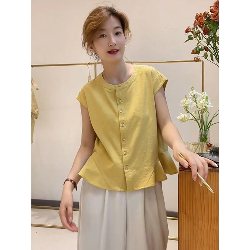 拼接荷叶边韩版木耳边亚麻衬衫小众女装衬衫硬汉风显瘦夏季复古