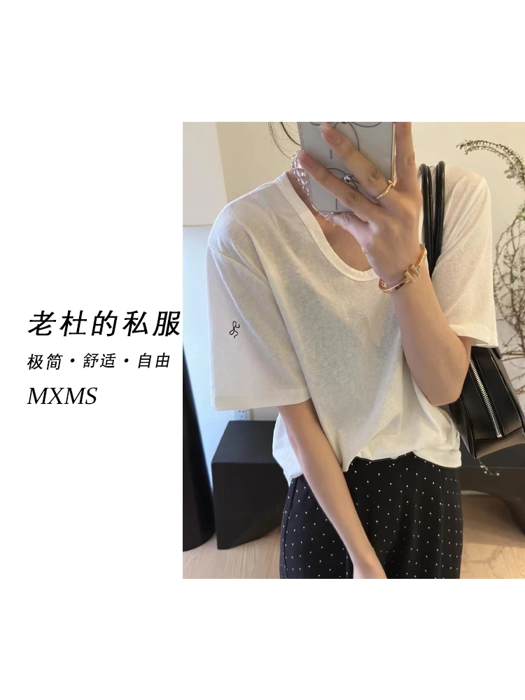 （麦欢尼）25X5077-“印花蝴蝶结”时尚蝴蝶结纯色U领字母短袖T恤