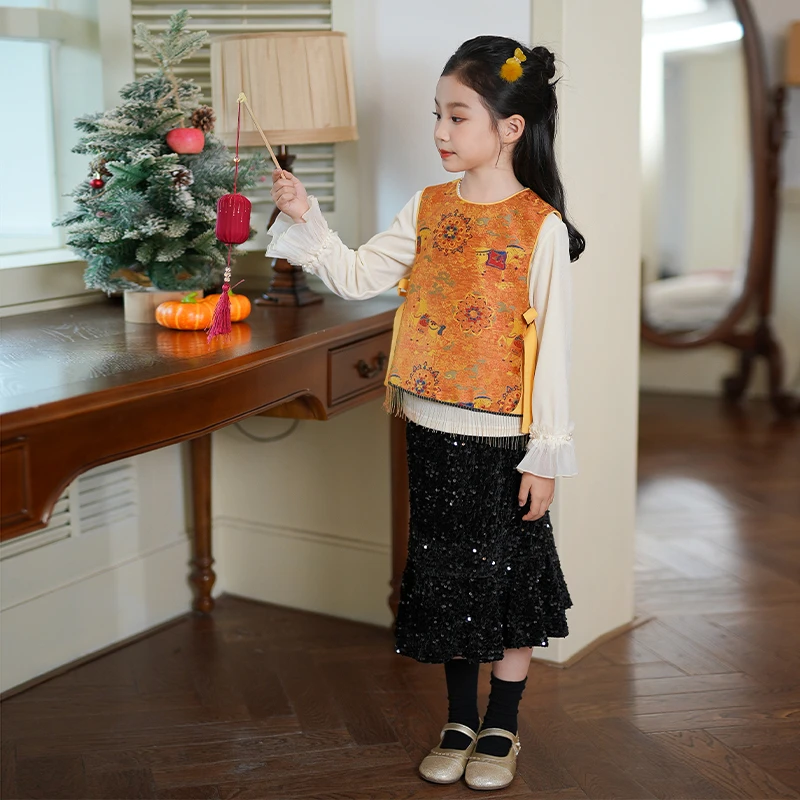 80946女童马甲周岁礼服新中式国风儿童生日宴过年拜年服唐装背心