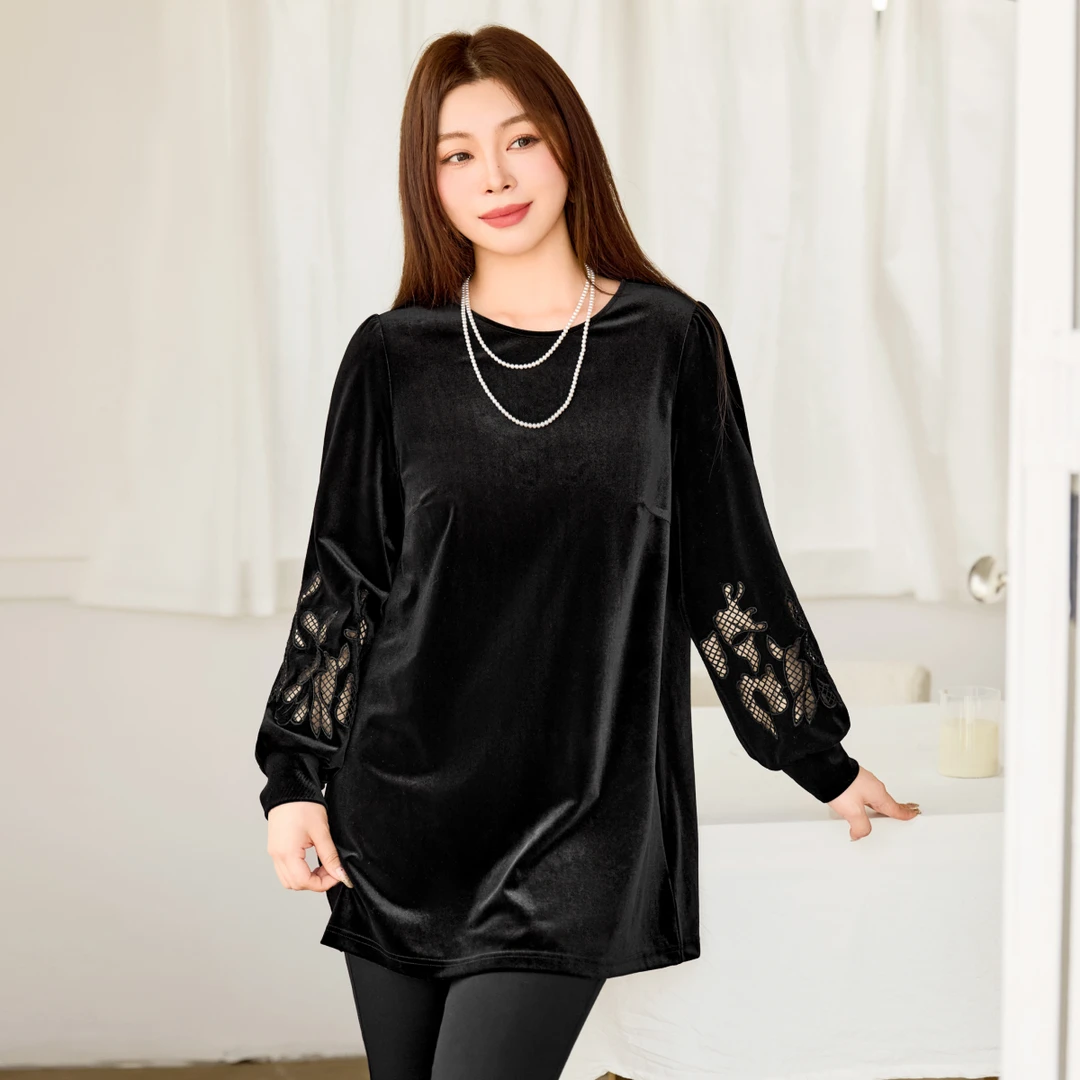 【镂空刺绣丝绒长款小衫】MsShe大码女装2025冬装宽松上衣B2510044