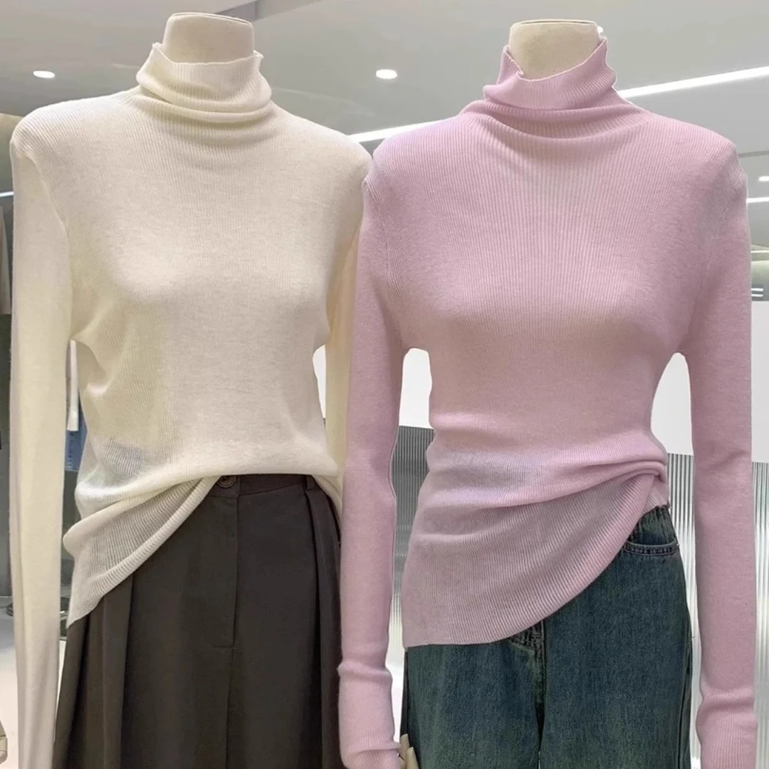 常规袖女针织羊毛衫时尚半高领修身高领毛秋冬纯色堆堆领百搭