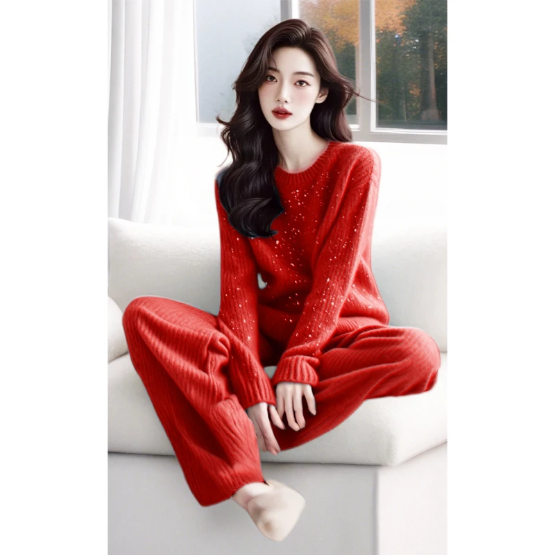时尚洋气时髦轻奢高级感冬天红色圆领套头气质毛衣长裤子套装女