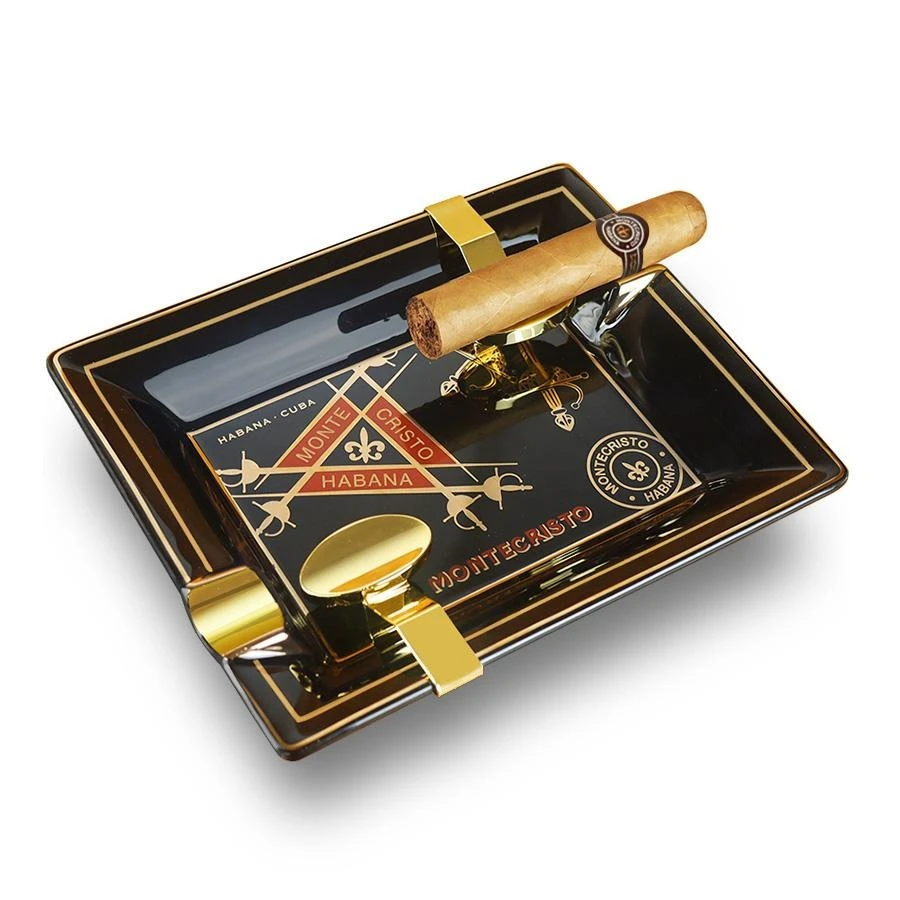 雪茄烟灰缸双人位陶瓷创意轻奢现代办公室专用烟缸配金属雪茄托架